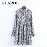 GCAROL New Arrival Stand Collar Women Floral Dress Pleased Cuff Sleeve High Quality Vintage Female Floral Dress