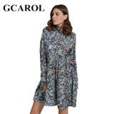 GCAROL New Arrival Stand Collar Women Floral Dress Pleased Cuff Sleeve High Quality Vintage Female Floral Dress