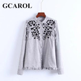 GCAROL New Arrival Embroidered Black Floral Women Blouse Stand Collar Ruffles OL Shirt Elegant Vintage Female Tops For 4 Season