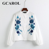GCAROL Euro Style Blue Floral Embroidery Women Blouse Puff Sleeve Crop Tops High Quality Oversize Basic Shirt For 4 Season