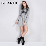 GCAROL 2018 Early Spring New Black Floral Embroidered Women Dress Stand Collar Vintage Dress Mid Waist Pleated Dress