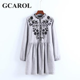 GCAROL 2018 Early Spring New Black Floral Embroidered Women Dress Stand Collar Vintage Dress Mid Waist Pleated Dress