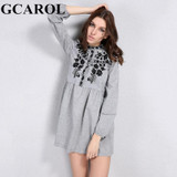 GCAROL 2018 Early Spring New Black Floral Embroidered Women Dress Stand Collar Vintage Dress Mid Waist Pleated Dress