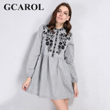 GCAROL 2018 Early Spring New Black Floral Embroidered Women Dress Stand Collar Vintage Dress Mid Waist Pleated Dress