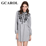 GCAROL 2018 Early Spring New Black Floral Embroidered Women Dress Stand Collar Vintage Dress Mid Waist Pleated Dress