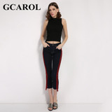 GCAROL 2017 Women Striped Spliced  Denim Jeans Fashion High Waist Ankle-Length Flare Pants Early Spring Summer Jeans