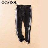 GCAROL 2017 Women Striped Spliced  Denim Jeans Fashion High Waist Ankle-Length Flare Pants Early Spring Summer Jeans