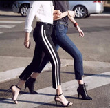 GCAROL 2017 Women Striped Spliced  Denim Jeans Fashion High Waist Ankle-Length Flare Pants Early Spring Summer Jeans