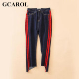 GCAROL 2017 Women Striped Spliced  Denim Jeans Fashion High Waist Ankle-Length Flare Pants Early Spring Summer Jeans