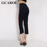 GCAROL 2017 Women Striped Spliced  Denim Jeans Fashion High Waist Ankle-Length Flare Pants Early Spring Summer Jeans