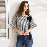 Gaovot 2018 Summer Women Tops Series Spring Fashion Striped Hollow Lacy Bow Flare Sleeve Sexy Blouse Shirts Women kw172011