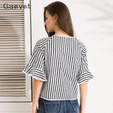 Gaovot 2018 Summer Women Tops Series Spring Fashion Striped Hollow Lacy Bow Flare Sleeve Sexy Blouse Shirts Women kw172011