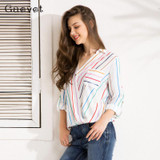 Gaovot 2018 Spring Women Blouse Shirt Series Fashion Colorful Striped Chiffon Cross V Neck Pocket Blouse Shirt Women KW172010