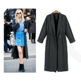 Gamiss Women Trench Casual Loose Oversize Coffee Lapel Long Sleeve Open Pocket Drawstring Waist Long Outerwear Coat Long Trench