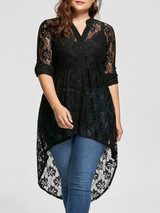 Gamiss Women Plus Size Blouse Spring Autumn Long Sleeve High Low Lace Shirts See Through Button Up Ladies Big Size Female Tops