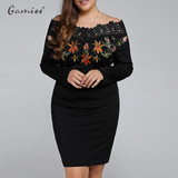 Gamiss Women Plus Size Embroidered Off The Shoulder Sheath Midi Party Dress OL Sexy Patchwork Bodycon Pencil Dress 5XL