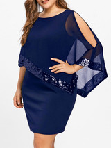 Gamiss Women Fashion 2018 Summer Plus Size 5XL Sequins Capelet Overlay Party Dress Chiffon Panel O Neck Sheath Dress Vestidos