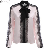Gamiss Women Blouses Tops Streetwear Long Sleeve Lace Spliced Blouse Hollow Out Bow Tie Casual Elegant Shirts Female Bulsas