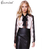 Gamiss Women Blouses Tops Streetwear Long Sleeve Lace Spliced Blouse Hollow Out Bow Tie Casual Elegant Shirts Female Bulsas