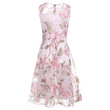 Gamiss Vintage Pink Floral Print Dress Women Retro Sleeveless A Line Midi Organza Dress 2017 Sheer Summer Dress Ladies vestidos