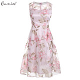 Gamiss Vintage Pink Floral Print Dress Women Retro Sleeveless A Line Midi Organza Dress 2017 Sheer Summer Dress Ladies vestidos