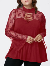 Gamiss Spring Autumn Women Lace Blouse Plus Size Flare Long Sleeve Criss Cross See Through Blouses Shirts Hollow Out Casual Tops