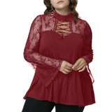 Gamiss Spring Autumn Women Lace Blouse Plus Size Flare Long Sleeve Criss Cross See Through Blouses Shirts Hollow Out Casual Tops
