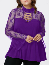 Gamiss Spring Autumn Women Lace Blouse Plus Size Flare Long Sleeve Criss Cross See Through Blouses Shirts Hollow Out Casual Tops