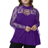 Gamiss Spring Autumn Women Lace Blouse Plus Size Flare Long Sleeve Criss Cross See Through Blouses Shirts Hollow Out Casual Tops