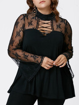 Gamiss Spring Autumn Women Lace Blouse Plus Size Flare Long Sleeve Criss Cross See Through Blouses Shirts Hollow Out Casual Tops