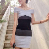 Gamiss Sexy Club Dress New Women Summer Style Off Shoulder Bodycon Bandage Dress Celebrity Knitted Striped Party Dresses vestido