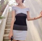 Gamiss Sexy Club Dress New Women Summer Style Off Shoulder Bodycon Bandage Dress Celebrity Knitted Striped Party Dresses vestido