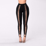 iEASYSEXY 2017 Black Hollow Out Bandage Pencil Pants Women High Waist Stretch Street Stylish Front Lacing Up Sexy Party Trousers