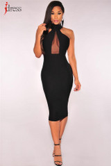 IDress Summer Dress 2017 Black Sexy Hollow Mesh Patchwork Knee Length Bodycon Bandage Sexy Dresses Party Night Club Dress