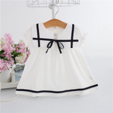 IDEA FISH 2017 Summer Baby Dress Cotton Bow Infant Girl Dresses Puff Sleeve Toddler Baby Girl Clothes blue white 0-2T
