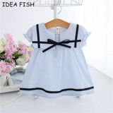 IDEA FISH 2017 Summer Baby Dress Cotton Bow Infant Girl Dresses Puff Sleeve Toddler Baby Girl Clothes blue white 0-2T