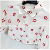 Fashion Women Button Down OL Lady Shirt Blouse Collared Chiffon Long Sleeve Kiss Printed Blusa Tops