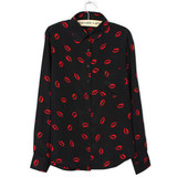 Fashion Women Button Down OL Lady Shirt Blouse Collared Chiffon Long Sleeve Kiss Printed Blusa Tops