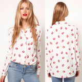 Fashion Women Button Down OL Lady Shirt Blouse Collared Chiffon Long Sleeve Kiss Printed Blusa Tops