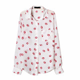 Fashion Women Button Down OL Lady Shirt Blouse Collared Chiffon Long Sleeve Kiss Printed Blusa Tops