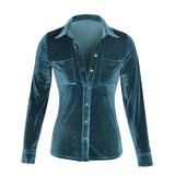 Fashion Women Blouse Shirt Long Sleeve Velvet Shirt Button Turn Down Collar Shirt Feminine Blouses Blue Ladies Tops LJ8153R
