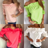 Fashion Women Blouse  puff sleeve slash neck soild shirt Strapless Off Shoulder Ruffles Feminine Blouses Ladies Tops TeeLJ3866M