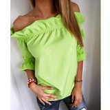 Fashion Women Blouse  puff sleeve slash neck soild shirt Strapless Off Shoulder Ruffles Feminine Blouses Ladies Tops TeeLJ3866M