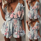 Fashion Women 2017 Summer Beach Jumpsuit Clubwear Bodycon V Neck Playsuit Romper Beach Backless Floral Print Playsuits