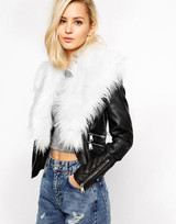 Fashion Winter women leather jacket fur collar outerwear Faux leather grass turn-down collar stitching motorcycle Faux PU Coat
