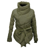 Fashion Winter Jacket Women Cotton Coat High Collar With Belt Parkas Feminino Solid Warm Outerwear