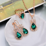 Fashion Wedding Gift Jewelry Gold Color Water Drop Shape Crystal Earrings Necklace Adjustable Rings Set Women Jewelry Sets