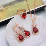 Fashion Wedding Gift Jewelry Gold Color Water Drop Shape Crystal Earrings Necklace Adjustable Rings Set Women Jewelry Sets