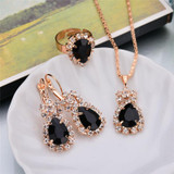 Fashion Wedding Gift Jewelry Gold Color Water Drop Shape Crystal Earrings Necklace Adjustable Rings Set Women Jewelry Sets