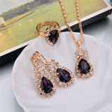 Fashion Wedding Gift Jewelry Gold Color Water Drop Shape Crystal Earrings Necklace Adjustable Rings Set Women Jewelry Sets